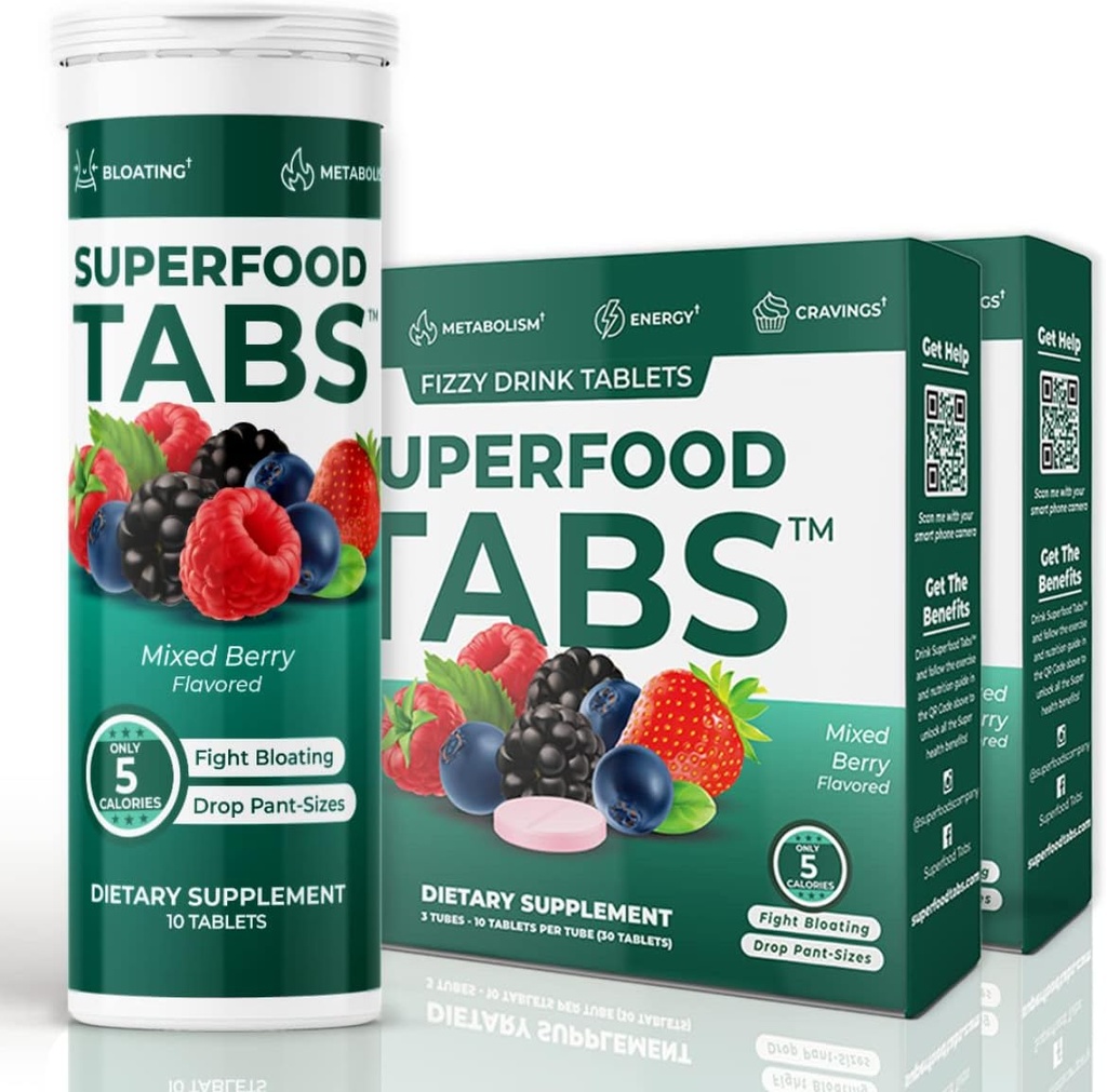 Superfood Tabs Superfoods Company Detox Cleanse 음료 - 여성 및 남성을위한 영양 보충 - 건강한 무게, 소화 건강, 크레이빙 및 부유 완화 지원 - 혼합 Berry 풍미 [60 정제]