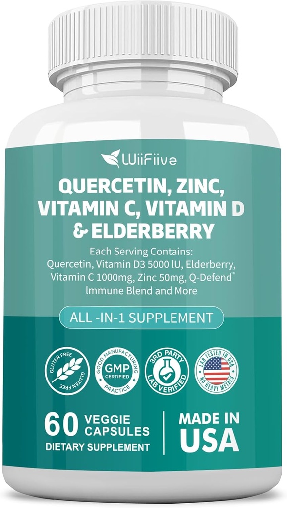 60 조사 Quercetin 50 mg 아연 1000 mg 비타민 C 5000 IU 비타민 D3 1000 mg 심황 1000 mg Elderberry Q-Defend 면역 혼합 Reisshi Nettle Arteemisininin, 비 GMO, 무료 지원 건강