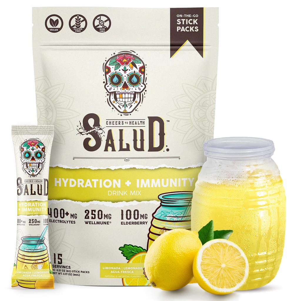 Salud 2-in-1 Hydration Packets + Immunity Electrolytes Powder, Lemonade - Agua Fresca 음료 혼합, Elderberry, Dairy & Soy Free, Non-GMO, Gluten Free, Vegan, Low Calorie, 1g Sugar (15 서빙)
