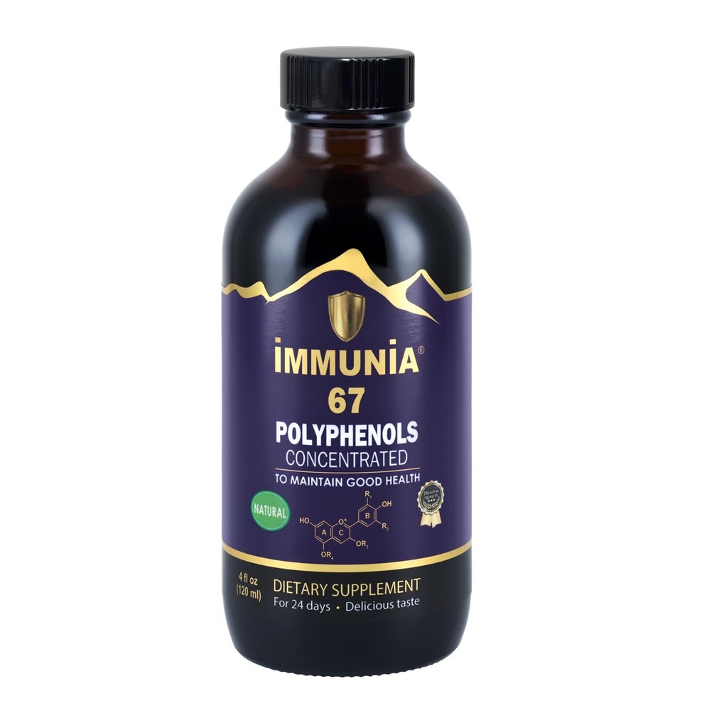 Immunia 67 폴리페놀 - Elderberry 농축 및 산화 방지제 과일. 67 폴리페놀(Anthocyanins, Quercetin, Resveratrol 등) 24일 병당 공급