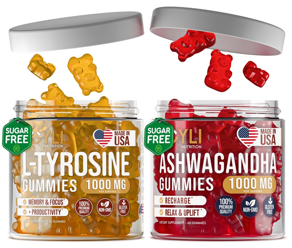 L-Tyrosine Gummies + Ashwagandha Gummies - L Tyrosine Supplement 및 Ashwagandha 보충제 번들 - Ashwaganda, L-Tyrosine for Kids & Adults - 60 Ashwa Gummies, 60 L-Tyrosine Focus Gummies