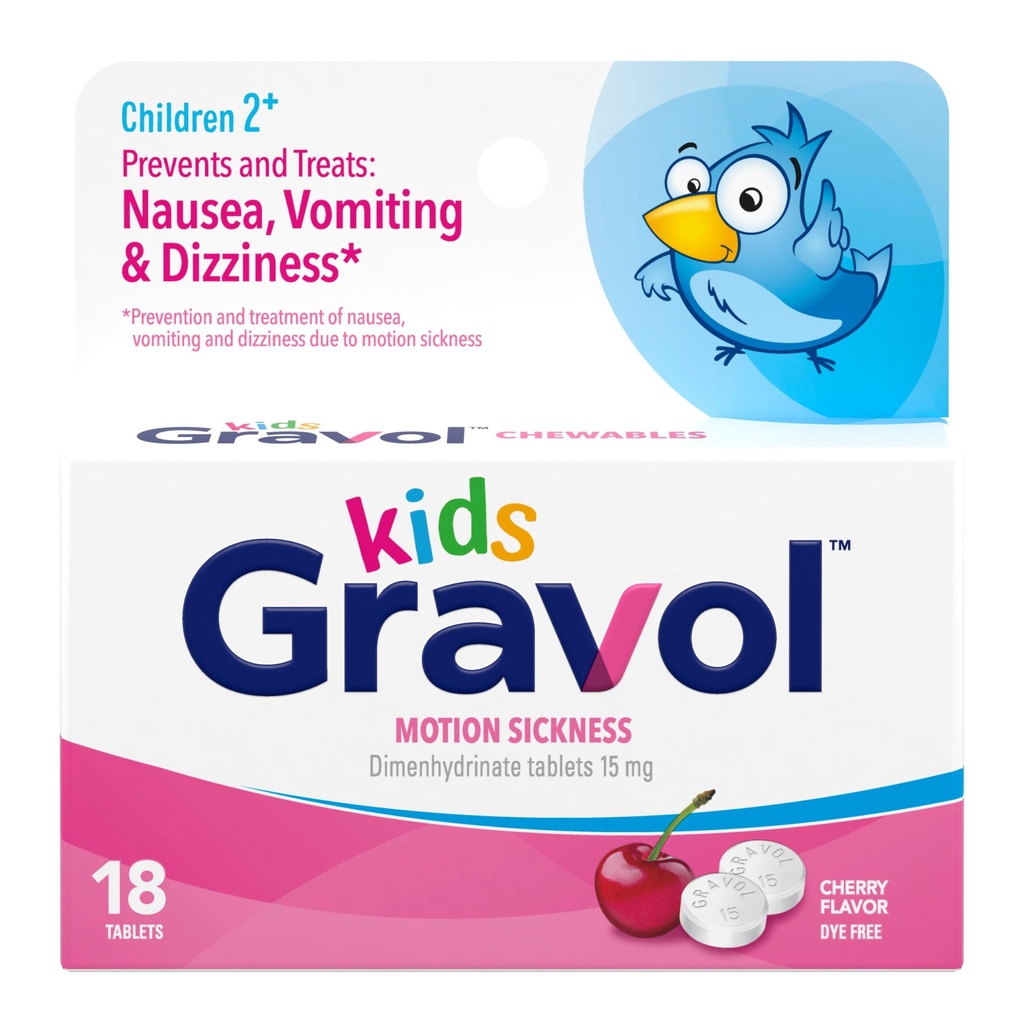 Nausea, Upset Stomach 및 Motion Sickness Relief, Dye Free, Cherry flavor, Age 2 to 12, 18ct에 대한 Gravol Kids Chewable Tablets