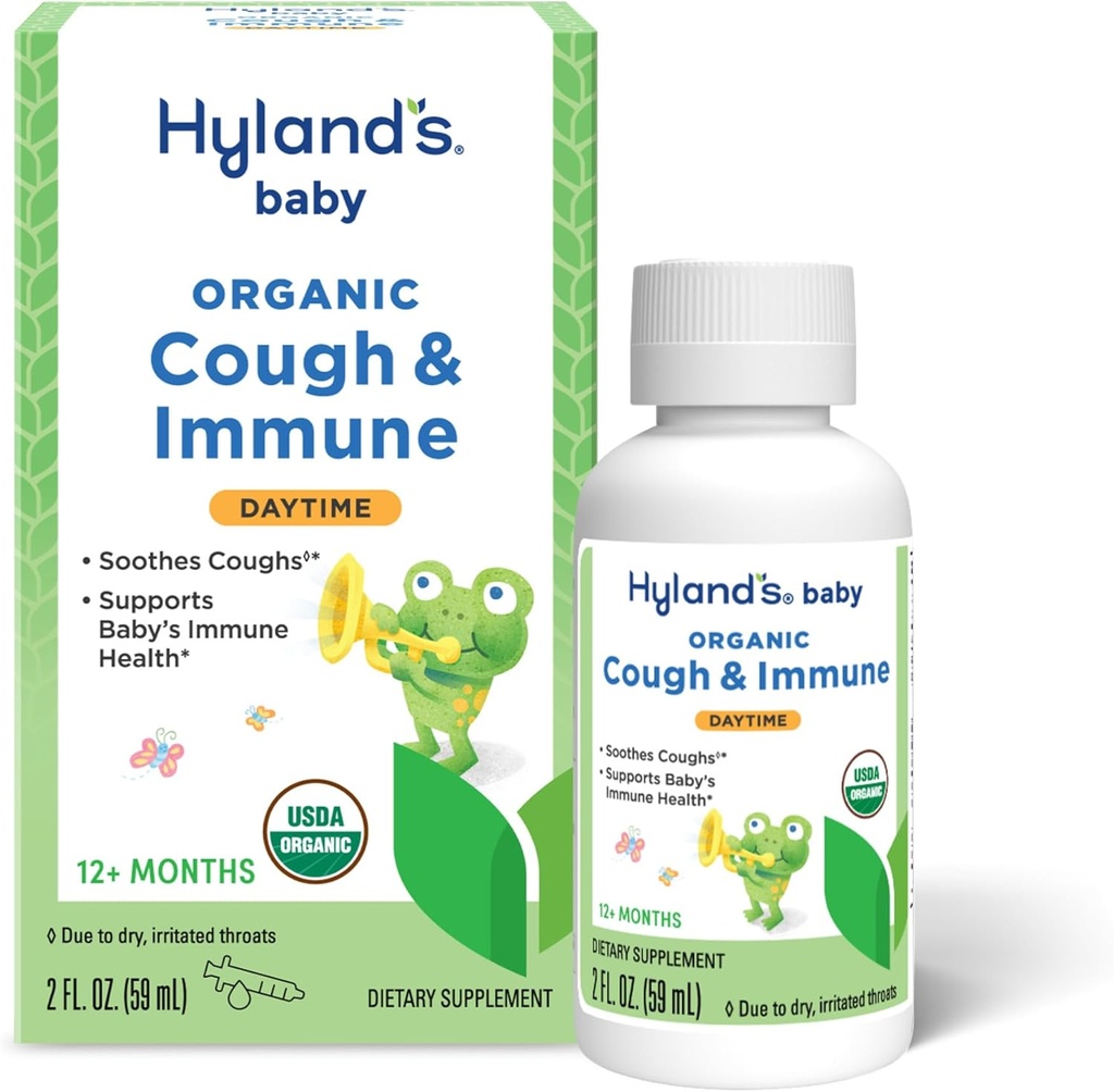 Hyland의 Baby Organic Cough Syrup과 Immune 지원 Agave, Elderberry 및 Pomegranate, Soothes Cough 및 Immunity, Daytime, 2 Fl. Oz 지원.