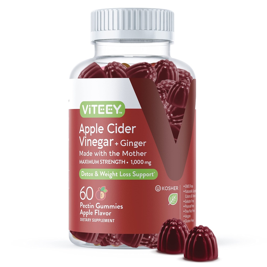 Viteey Apple Cider Vinegar Gummies와 Ginger - 체중 감소, 해독 및 소화를위한 1000 mg ACV Gummies - Vegan, 글루텐 - 무료 60 카운트