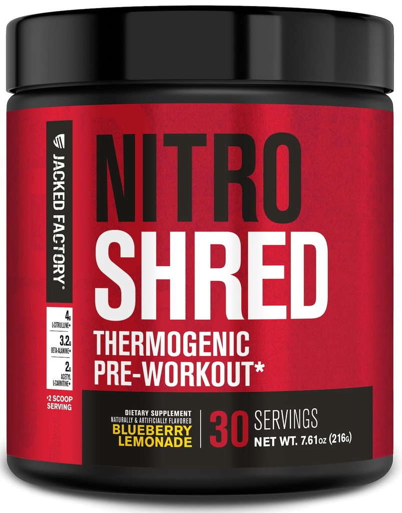 Jacked Factory NITROSURGE Shred Pre 운동 보충교재 - 에너지 부스터, 즉시 힘 이익, 샤프 초점, 강력한 펌프 - 니트로 산화물 부스터 & PreWorkout 분말 - 30Sv, 블루베리 레몬
