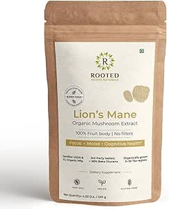 ROOTED Active's Lions Mane Mushroom 추출물 분말 USDA 유기, 38% 검증된 베타 글루칸| Cognition, Clarity, Focus & Mood, Brain Health Support (4.23 Ounce)