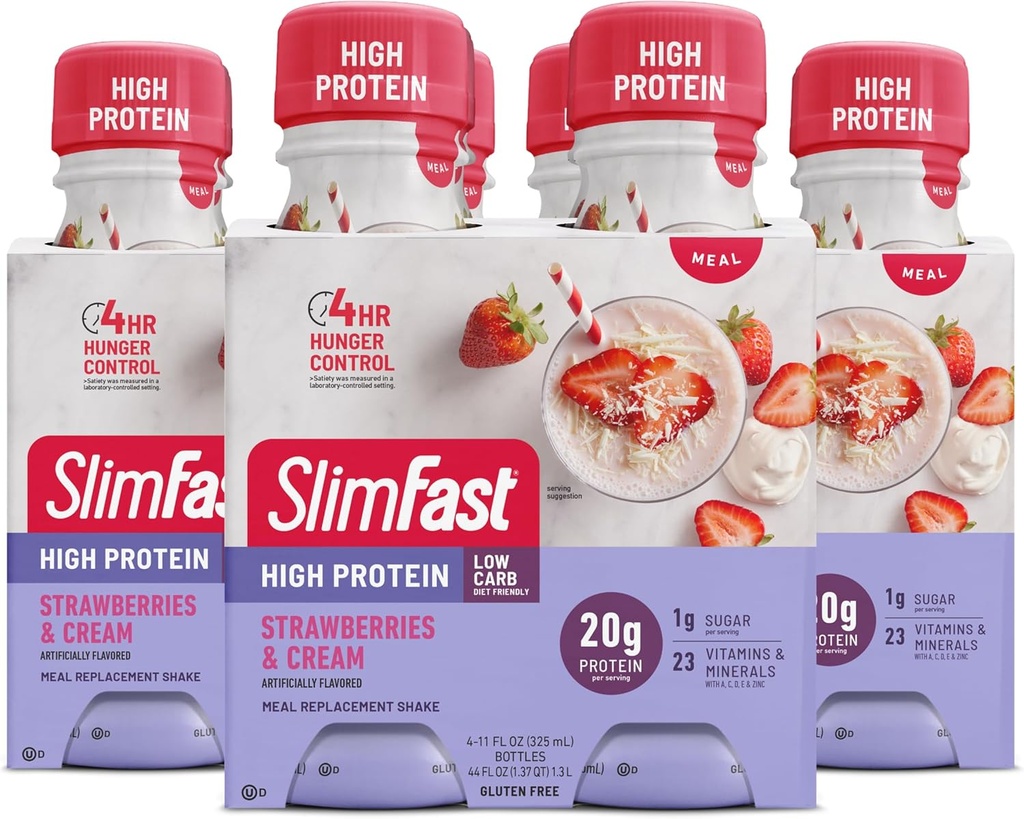 SlimFast 고급 영양 식사 보충 단백질 Shake - 음료, 분홍색, 딸기 & 크림, 4 병 (포장 3)