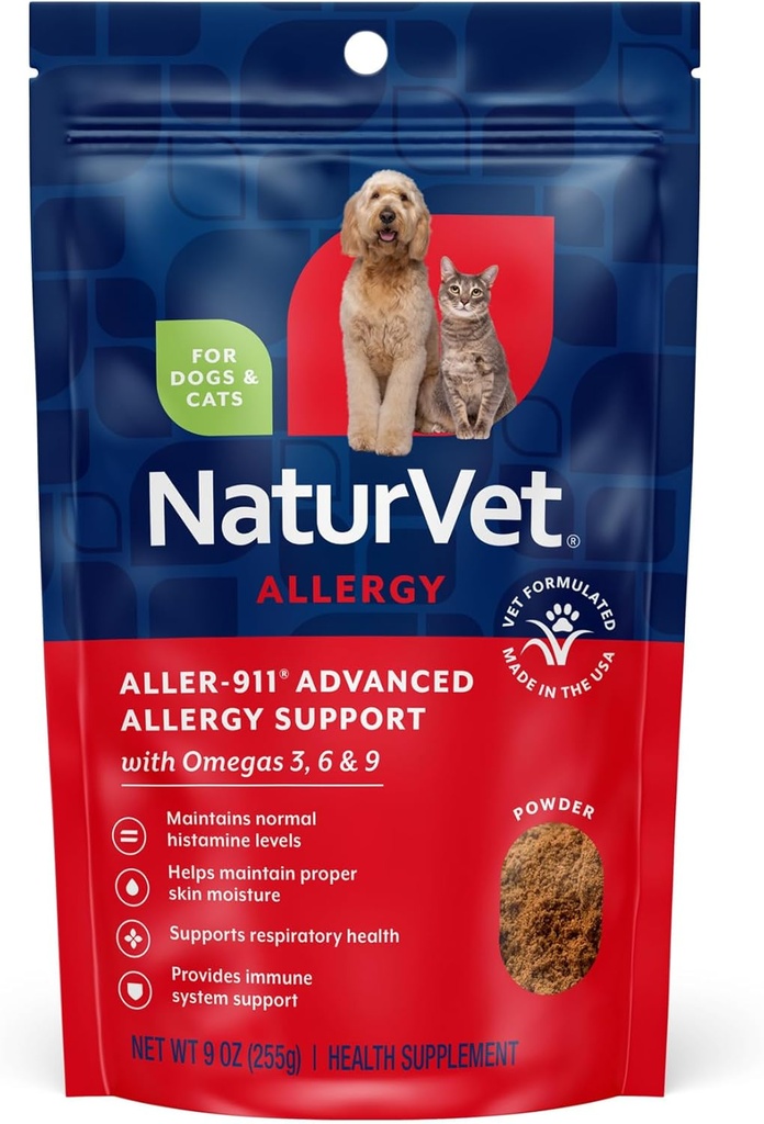 NaturVet Aller-911 고급 알레르기 보조 공식 분말 플러스 개와 고양이를위한 산화 방지제, 9 온스 분말, 미국에서 만든