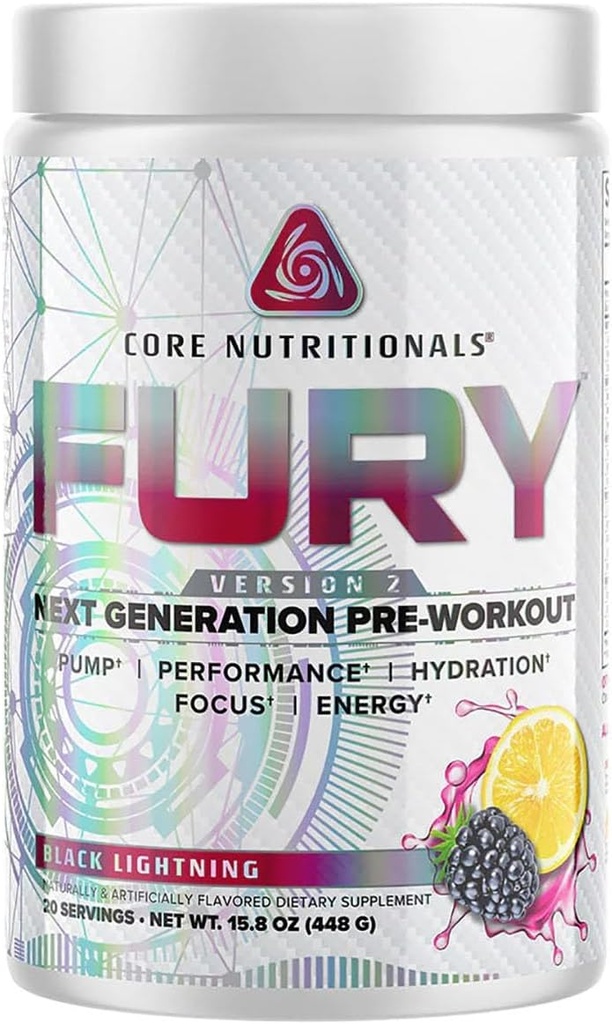 Core Nutritionals Fury V2 : 체육관 W / Zum-XR® Caffeine, L-CItruline 및 Alpha GPC (40 Scoops) (블랙 번개)의 성능을 극대화하기 위해 사전 운동 분말