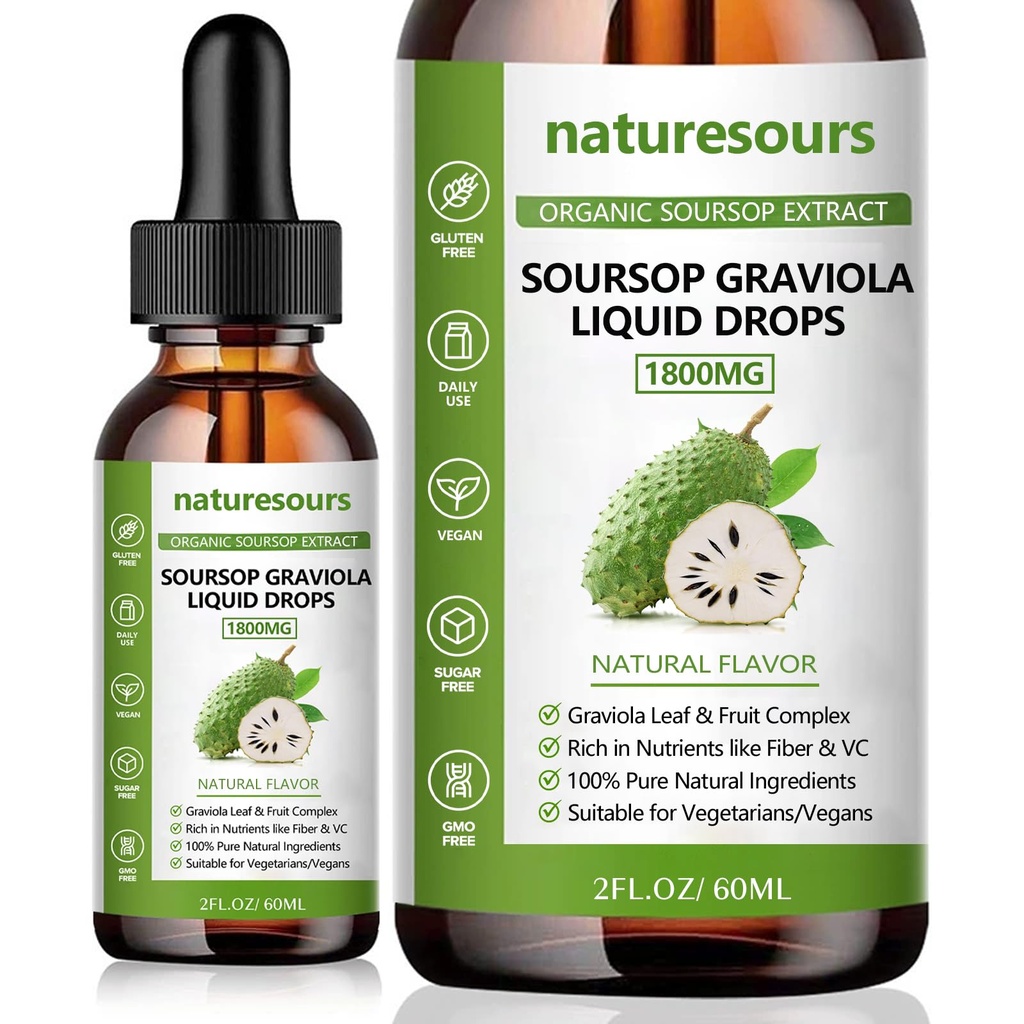 Naturesours 100% 순수한 유기 Soursop 추출물, Soursop Graviola 액체 하락 1800MG의 유기 순수한 Soursop 잎과 과일 추출물, 설탕/Gluten는, 2 FL.OZ (1) 해방합니다