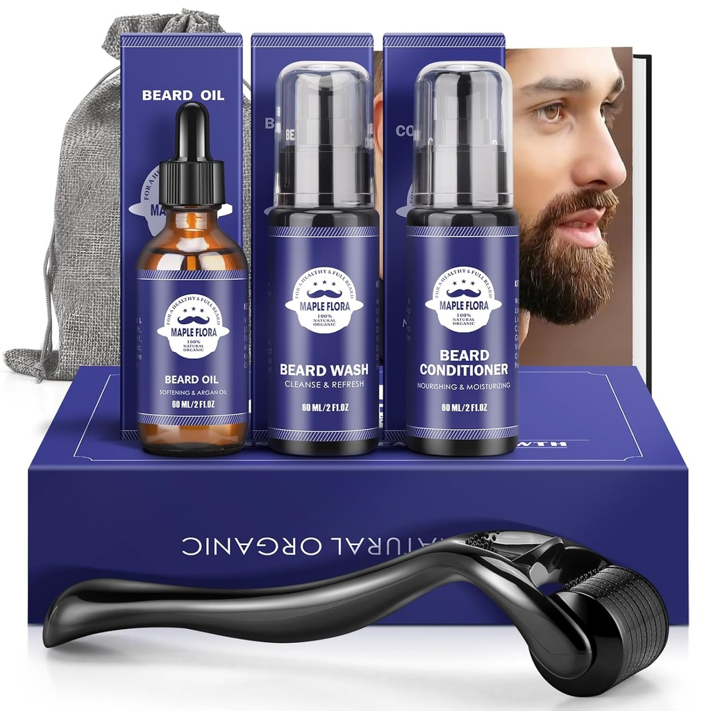 Beard Gift Kit - 오일, 와인, 전통, 롤러 (나이들 길이 : 0.25mm) Beard, Storage Bag,Mustache Gift Set for Boyfriend 남편 아버지 아빠 아빠