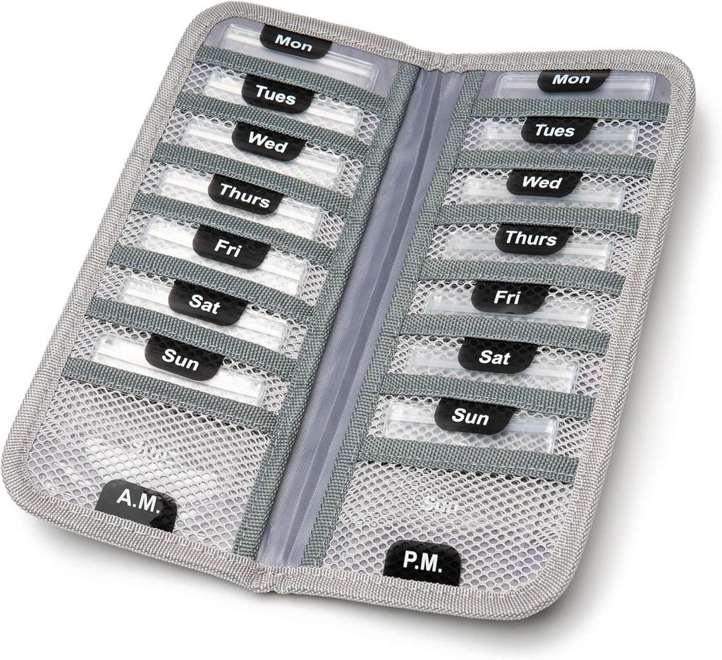 AM/PM Bi-Folding Pill 조직자 + OTC 약을 위한 보충교재 케이스, 처방전 + 비타민 - 14 레테르를 붙이는 월요일 일요일 활주 자물쇠 주머니, 회색 여행 알약 케이스