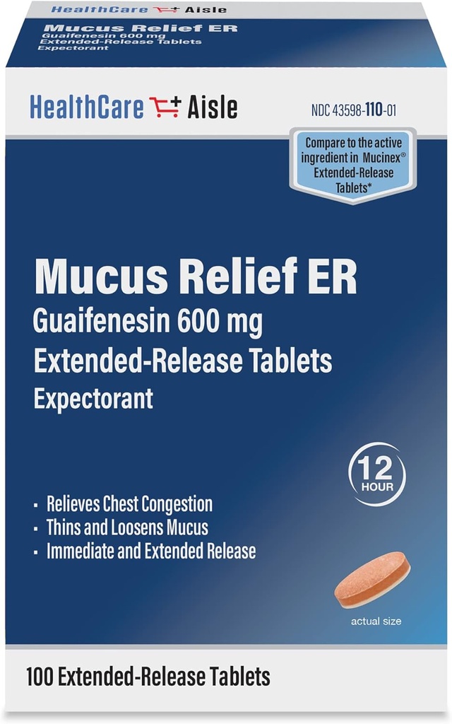 HealthCareAisle Guaifenesin 600 mg 확장 릴리스 - 100 정제 - 가슴 혼잡 구호에 대한 Mucus 구호 기대