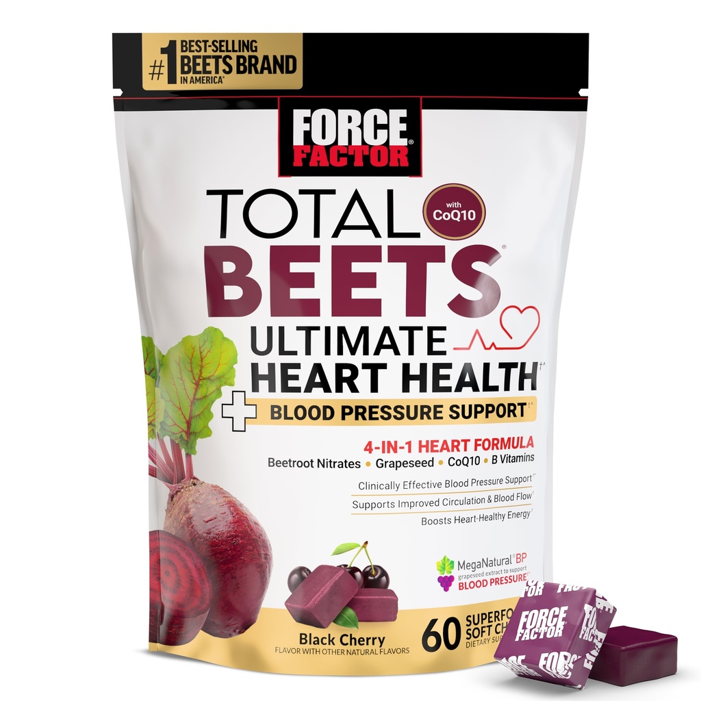 FORCE FACTOR Total Beets Ultimate Heart Health Chews for Blood Pressure Support, Beetroot Powder, CoQ10, B Vitamins & Grapeseed Extract for Blood Flow & Energy, Black Cherry, 60 Soft Chews