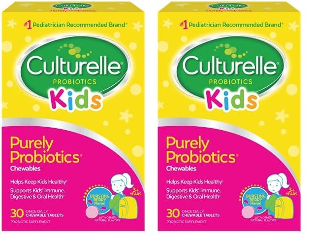 Culturelle Kids Chewable Daily Probiotic for Kids, Ages 3+, No.1 Pediatrician-Recommended Brand, Natural Berry, 소화 건강, 구강 케어 및 면역 지원을위한 매일 Probiotics, 2 개월 공급