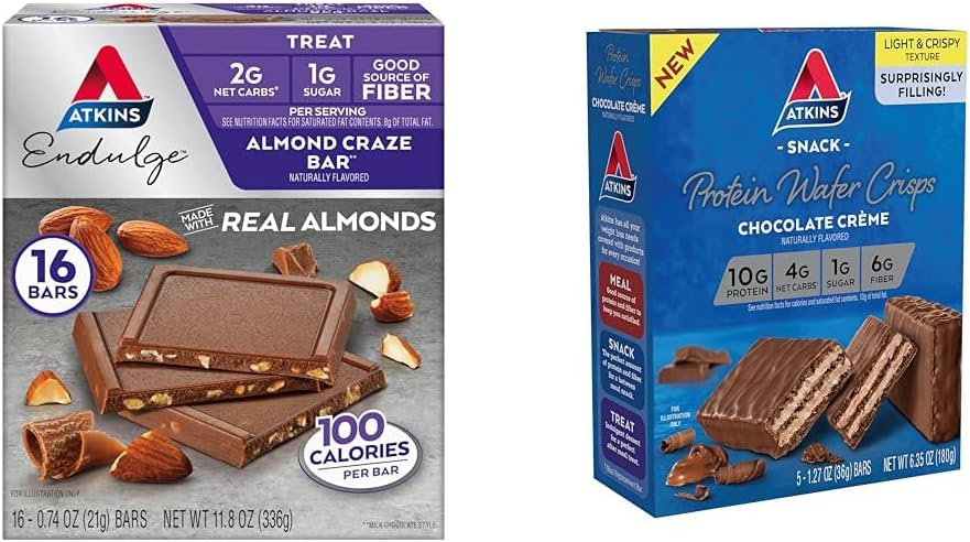 Atkins Endulge Almond Craze Bar 16 카운트 및 초콜릿 크림 단백질 웨이퍼 Crisps 5 카운트 번들