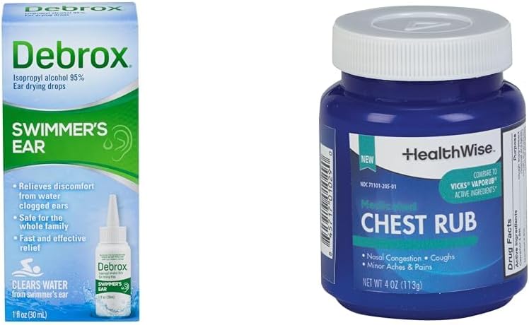 Debrox Swimmer의 Ear Drops, 1 Fl Oz 및 HealthWise Medicated Chest Rub, 4 oz. 지원하다