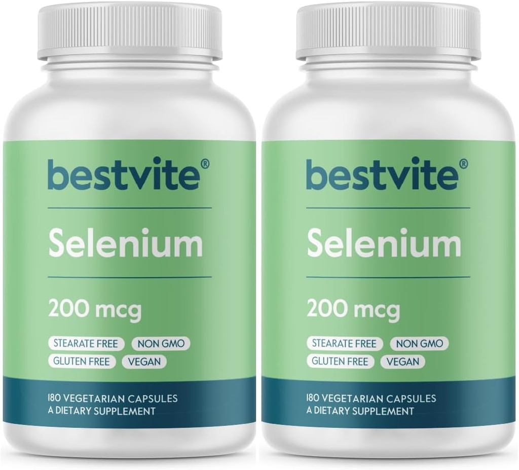 BESTVITE 셀레늄 200mcg (360 채식 캡슐) (2 팩) - Stearates 없음 - 플로우 에이전트 없음 - Vegan - Non-GMO - 글루텐 무료
