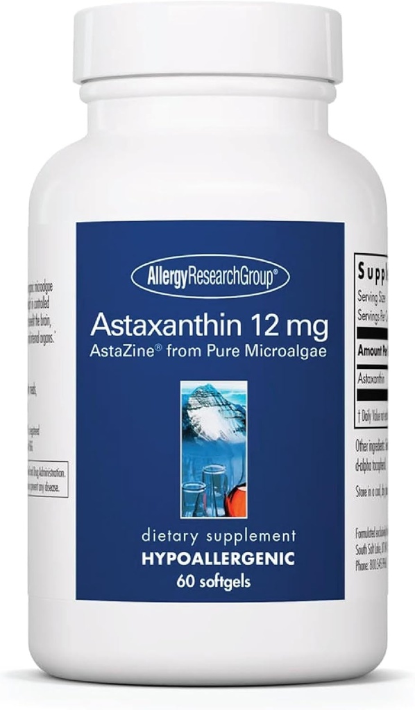 알레르기 연구 그룹 Astaxanthin 12mg 보충교재 - 유기 미생물, 눈 건강, AstaZine Astaxanthin, 자연적인 산화 방지제, 피부 건강, 뇌 기능 지원, Softgels에서 - 60 조사