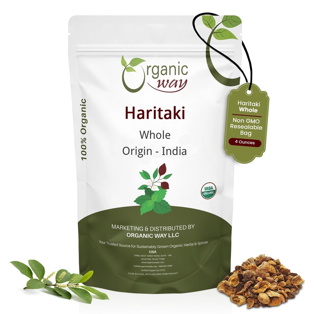 Organic Way Haritaki Whole (Chebulic Myrobalan) | 타니아 첼로 (노란 Myrobalan) | 코셔 & USDA 인증 | 비건, 비 GMO 및 글루텐 프리 | 인도의 100 % 원료 (4 oz - 1/4 파운드)