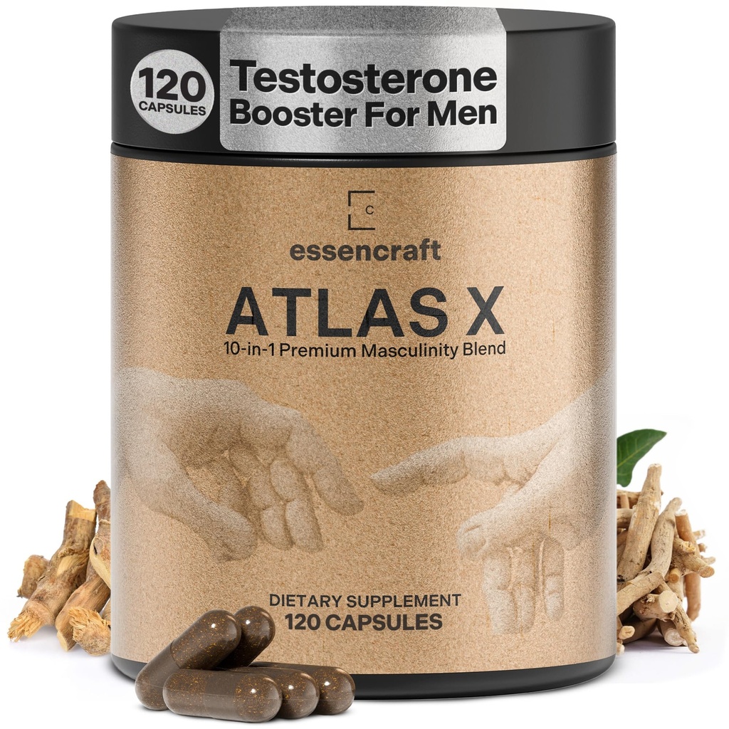 남성용 ATLAS X 10-in-1 Masculinity Maximiser 보충 - 에너지, 힘 & 활력 캡슐 Shilajit, Ashwagandha, 아연, Safed Musli, Tongkat Ali, Black Maca, Fadogia Agrestis, 2 개월 공급