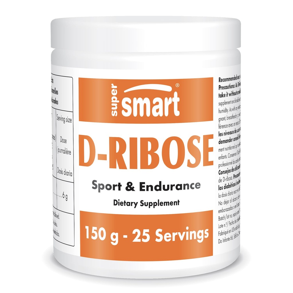 Supersmart - D-Ribose Powder (Natural Sugar) 하루 6gm - ATP 합성 및 생산 - 에너지를위한 범용 연료 | 비 GMO 및 글루텐 무료 - 150 g