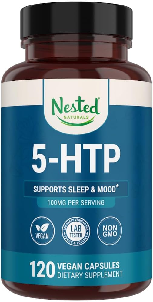 Nested Naturals 5-HTP 100 mg (5-hydroxytryptophan) - 수면 및 계류 지원 - 자연적으로 Sourced Serotonin 용 5HTP 보충 - 120 Non-GMO, Vegan 캡슐