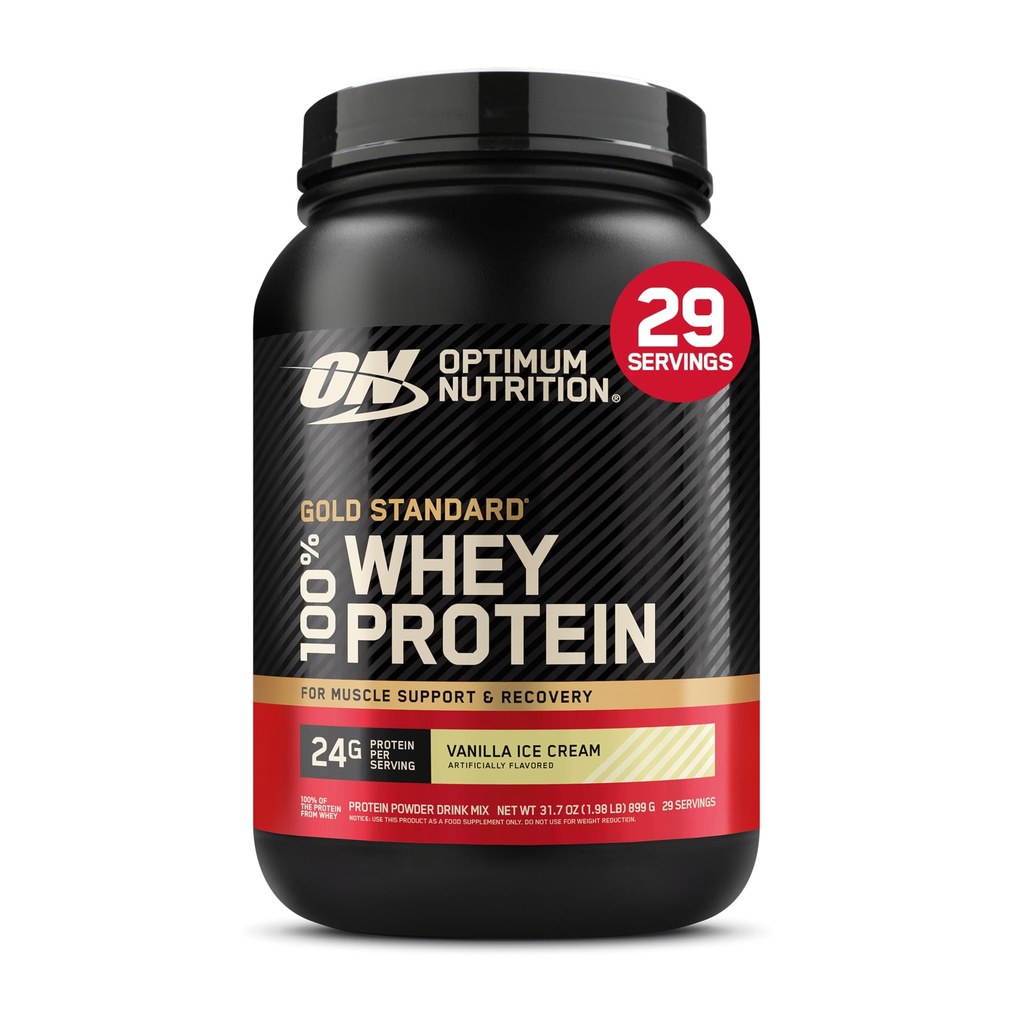최적 영양 골드 표준 100 % Whey Protein Powder, 바닐라 아이스크림, 2 파운드 (패키지 May Vary)