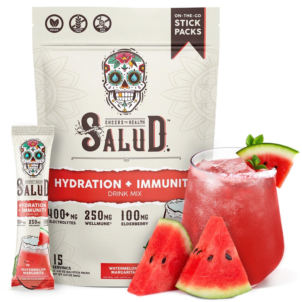Salud 2-in-1 Hydration and Immunity Electrolytes Powder, Watermelon Margarita - 15 서빙, Agua Fresca 음료 혼합, Elderberry, Dairy & Soy Free, Non-GMO, Gluten Free, Vegan, 낮은 칼로리, 1G Sugar