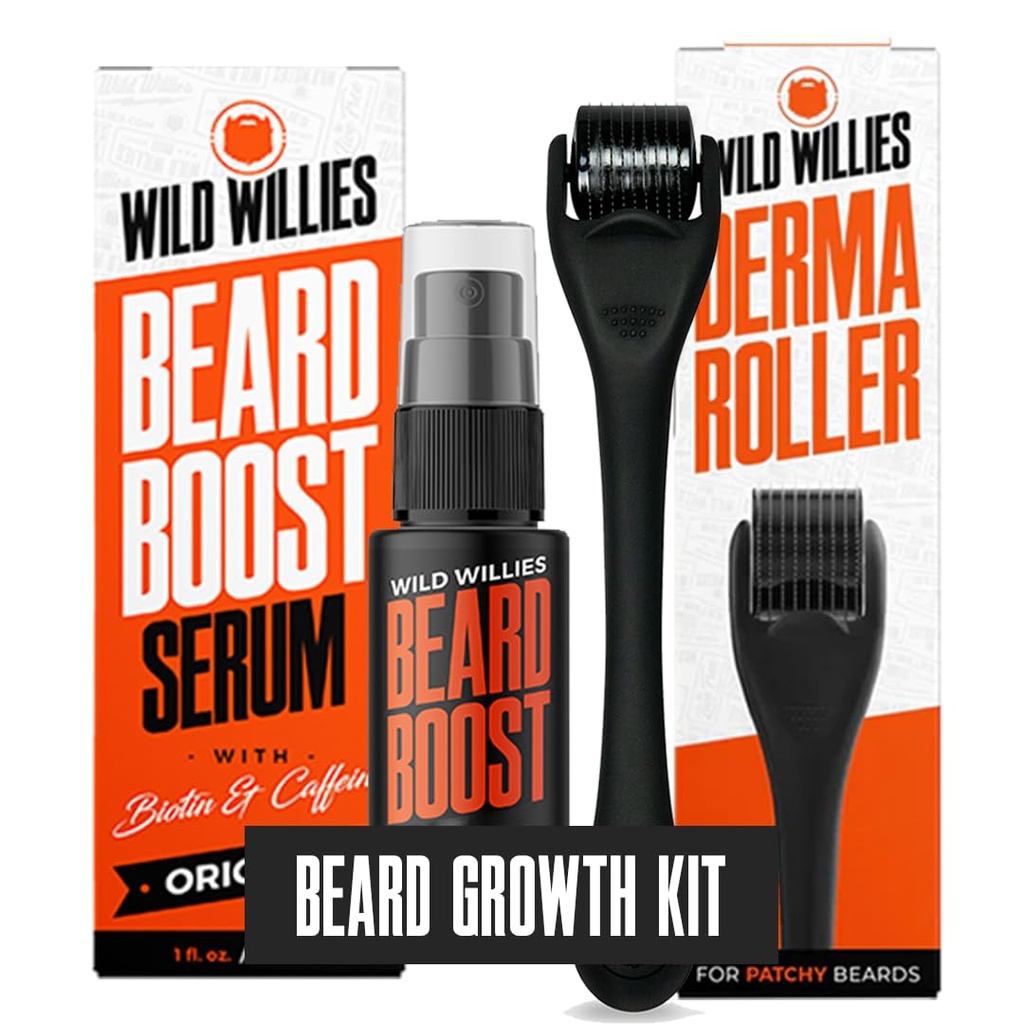 Wild Willies Beard Growth Kit - 프리미엄 Derma Roller & Beard Boost Serum - Microneedle Roller & Beard Hair Growth Serum with Biotin & Caffeine for Fuller Beard, Scalp Care - 케이스 키트 사용