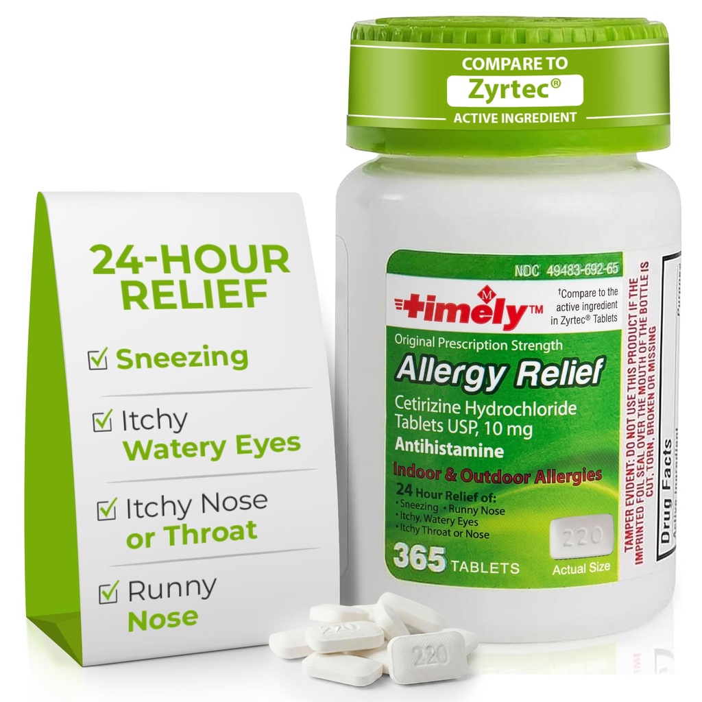 시간 모자 LABS, INC. 적시 Cetirizine HCl 10 Mg 365 정제 - Sneezing, Runny Nose, Itchy Watery Eyes, Itchy Throat 또는 Nose의 24 시간 알레르기 완화