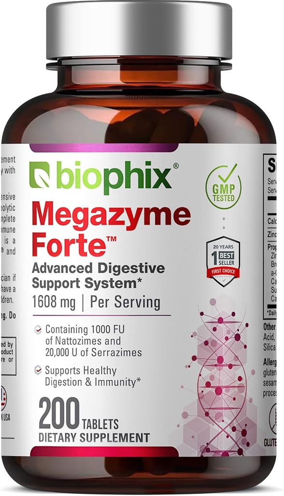 Biophix Megazyme Forte 200 정제 - 천연 식물 Proteolytic 효소 Nattozimes Serrazimes는 소화 시스템 면역력을 지원합니다