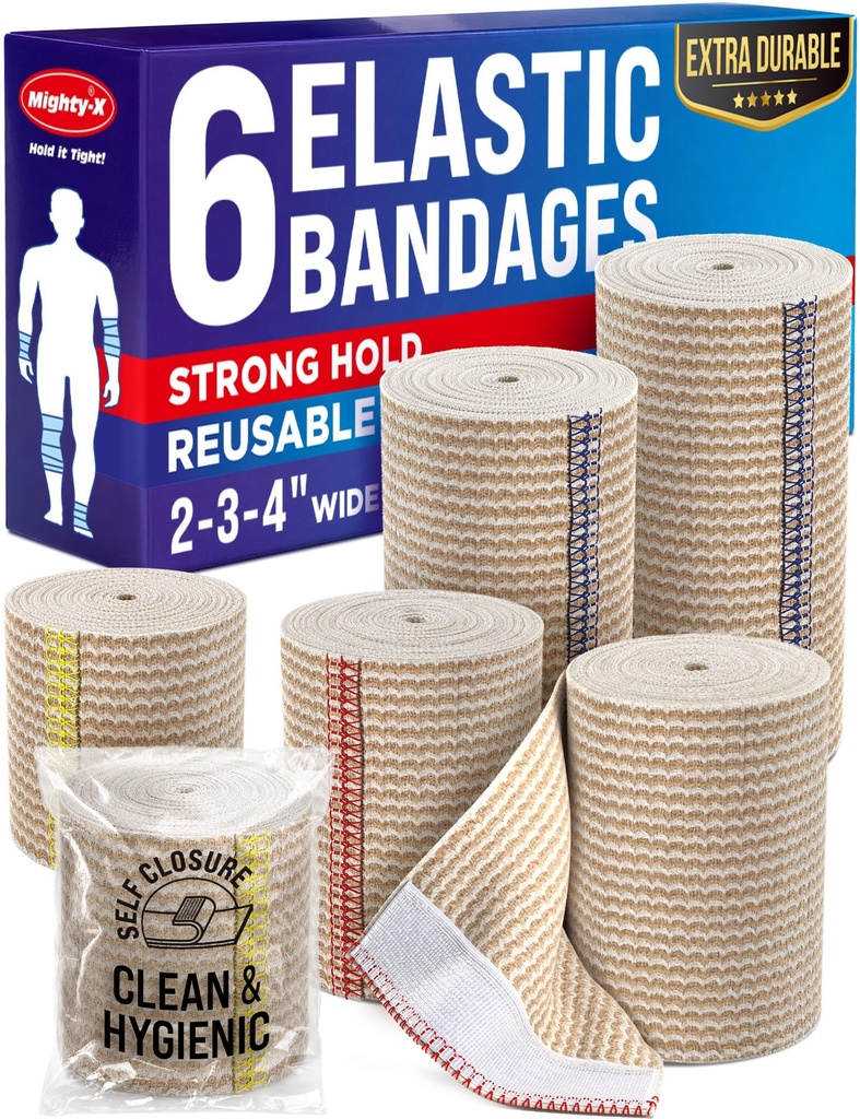 고성능 탄력 있는 붕대 포장 - 6 팩 (2x2in, 2x3in, 2x4in) - 발, 발, 발목, 손목 및 무릎을 위한 각자 주름을 잡는 강한 압축 붕대 포장