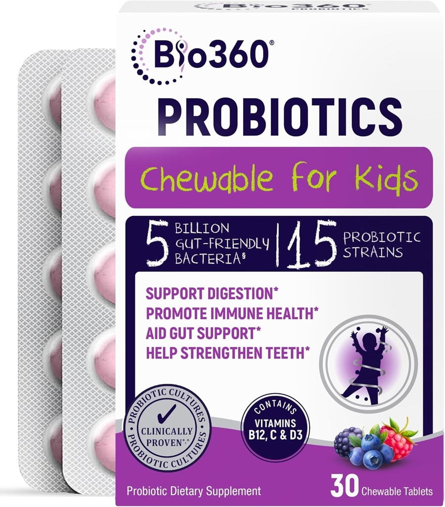 어린이용 Bio360 Probiotics - 15 Strains & 5 Billion CFU 지원 뇌, 면역 및 소화 건강 - Gut & Constipation, 혼합 Berry 맛, 30 카운트를위한 유기 Prebiotics와 어린이 Probiotic Chewable