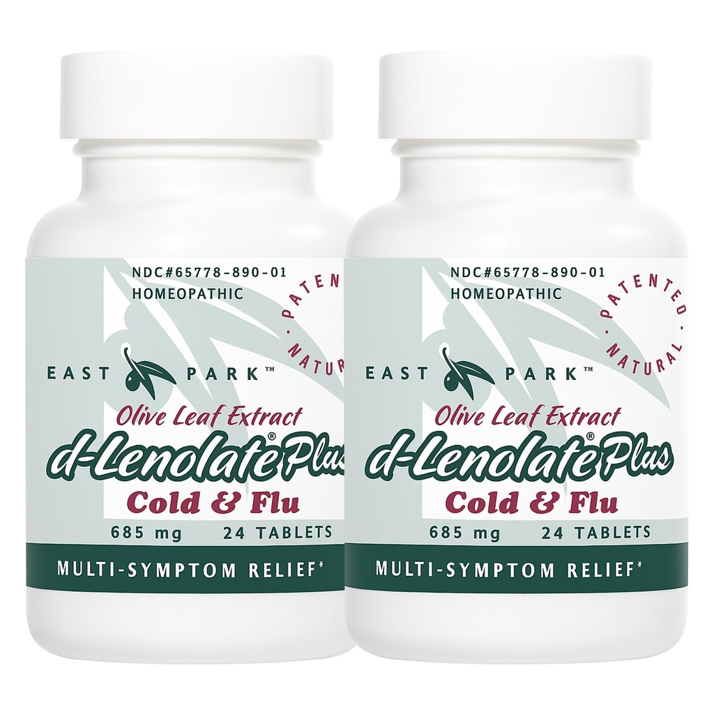 EAST PARK d-Lenolate Plus Cold & Flu Homeopathic Remedy for Adults & Kids | 올리브 리프 추출물, Neem 리프 추출물, Echinacea | 625mg, 24 정제 | Non-GMO (Pack of 2)