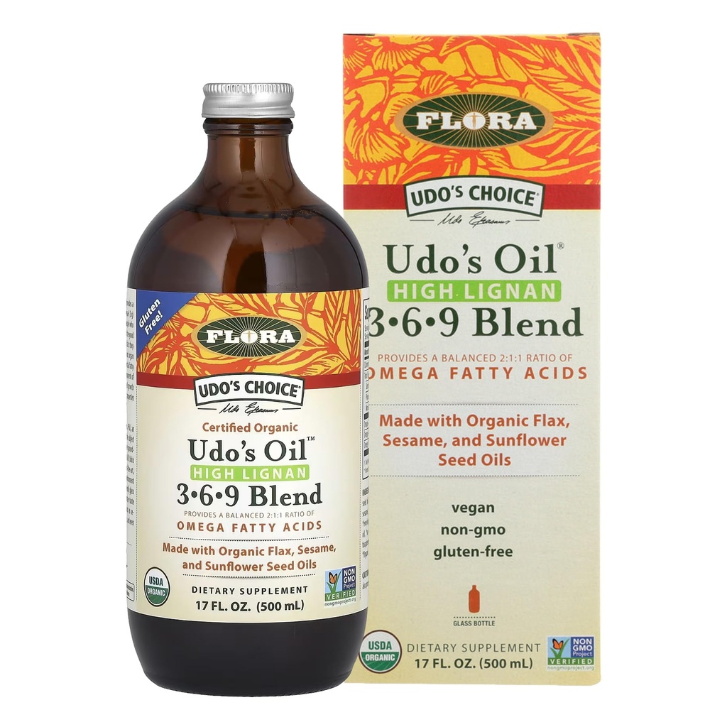 Flora - Udo 's Choice High-Lignan 369 Omega Oil Blend, Udo's Oil Balanced 2 : 1 : 1 유기 Flax, Sesame & Sunflower Seed Oils, 17-oz로 만든 오메가 지방산의 비율. 유리 병