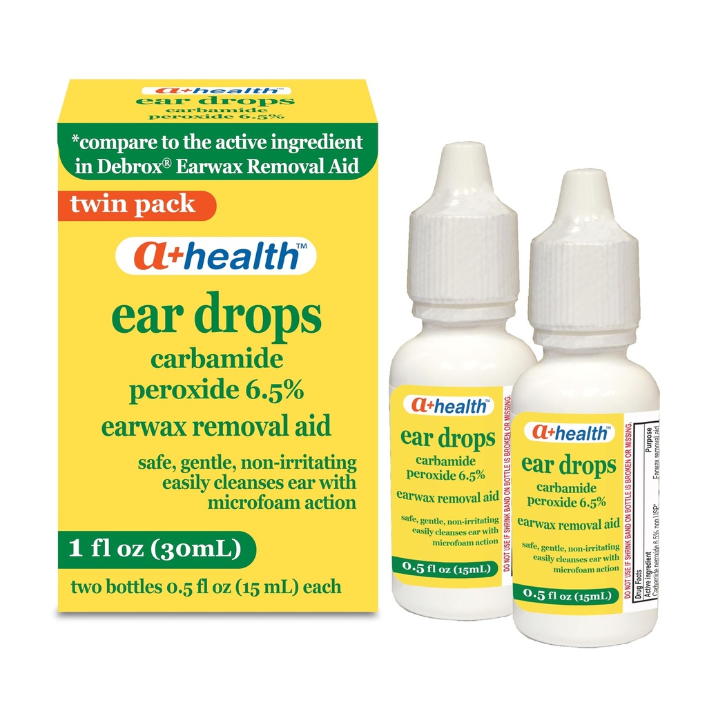 A+Health Earwax 제거 하락, Carbamide 과산화물 6.5%, 미국에서 만드는, 쌍둥이 팩, 1개의 fl Ounce (2개의 0.5 fl oz 병)