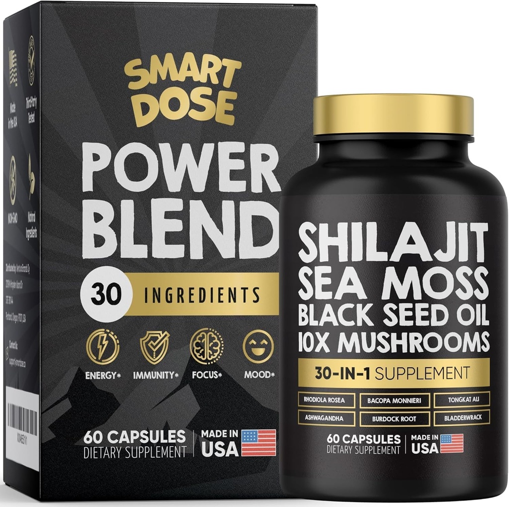 힘 혼합 캡슐 - Shilajit 6000mg를 가진 30에서 1 보충교재 뭉치, 바다 Moss 4000mg의 까만씨 기름 4000mg, Ashwagandha 2000mg, 10x 버섯, Tongkat Ali, Maca, Holistic 알약 결합