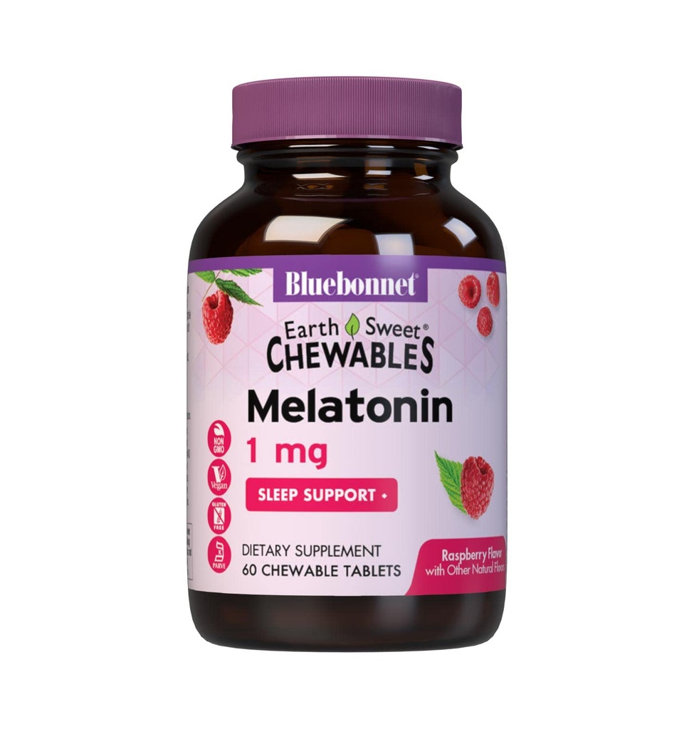 Bluebonnet 영양 EarthSweet Melatonin 1 mg 빠른 조정 빠른 용해 야간 휴식 및 휴식 수면 지원 - 수면 보조 - 글루텐 - 무료, Vegan - 맛 - Chewable Tablets Raspberry