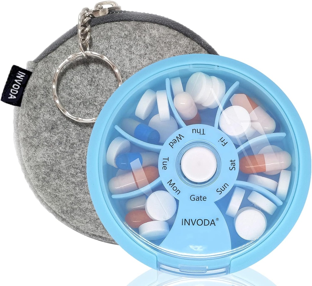 INVODA Weekly Pill 주최자 7 Compartment Rotating Pill Box for Daily Medication & Vitamins - 휴대용 여행 알약 케이스 물고기 오일 보충제 비타민 주최자 (Blue + Bag)