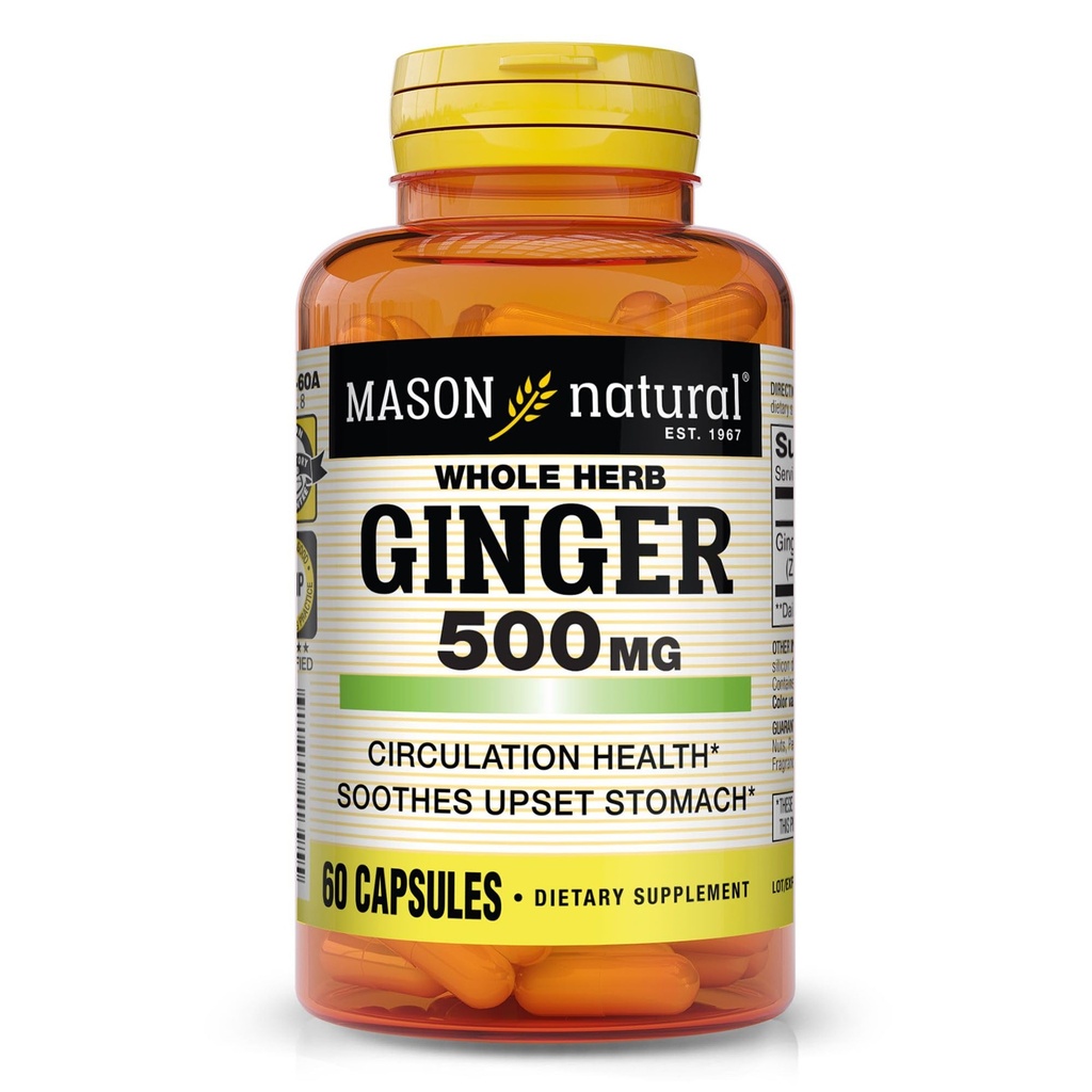 MASON NATURAL 전체 허브 생강 500 mg, 2 개월 공급, 천연 초본 보충, 60 캡슐