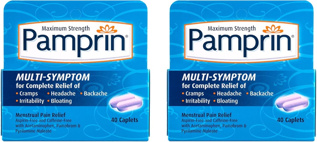 Pamprin Multi-Symptom Formula, Acetaminophen, Cramps, Pain, Irritability 및 Bloating, 40 Caplets (팩 2)를 포함한 생리 기간 증상 완화