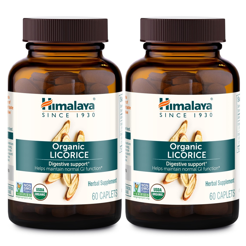 히말라야 유기 Licorice, 120 일 공급 - Upset Stomach, Occasional Bloating 및 Heartburn에 대한 소화 건강 보충 - USDA 유기, Vegan, Non-GMO, Non-DGL, 글루텐 무료, 60 Caplets, 2 팩