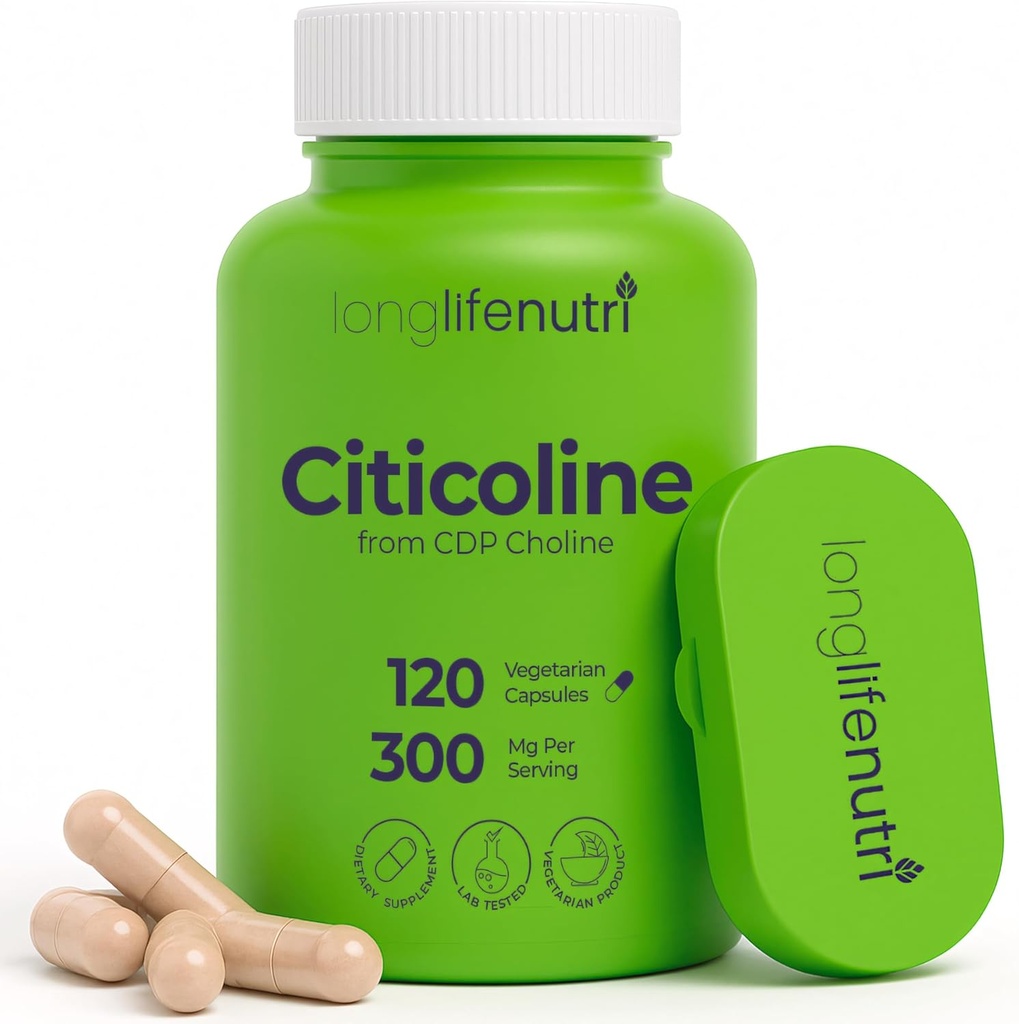 LongLifeNutri Citicoline (CDP-Choline) 300 mg, 120 채식 캡슐, 4 월 공급, GMP 인증, 미국에서 만든