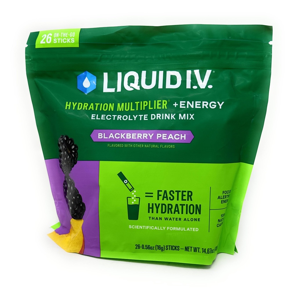 액체 I.V. Hydration Multiplier + 에너지 음료 혼합, 블랙 베리 복숭아 (26 팩)