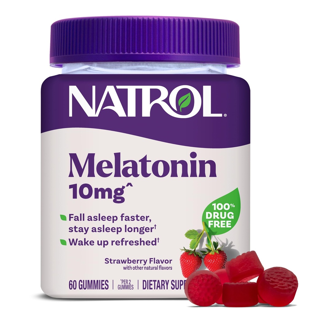 Natrol 10mg Melatonin Gummies, 성인을위한 수면 지원, 수면 보조 식품, 60 Strawberry-Flavored Gummies, 30 일 공급