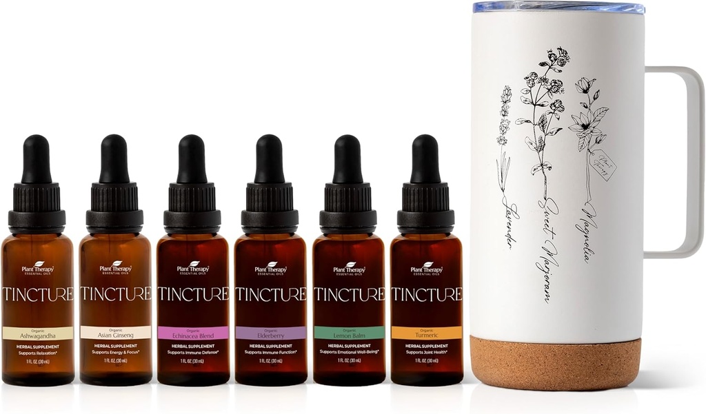 식물 치료 총 탄미익 포장은 유기 Ashwagandha, 아시아 인삼, Echinacea 혼합, Elderberry, 레몬 Balm, Turmeric & 여행 Mug의 각각 30 mL를 포함합니다