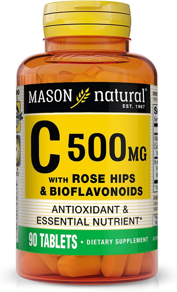 MASON NATURAL 비타민 C 500 mg, 로즈 엉덩이 & Bioflavonoids와 더불어, 면역성 지원 & 산화를 억제하는 공식, 90의 정제