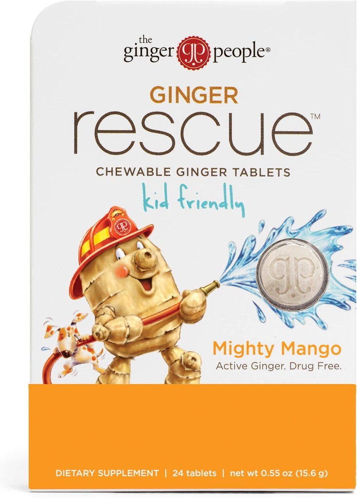 Ginger People Ginger Rescue® Chewable Tablets Drug Free Digestive Health, 5.5 oz Chewable Tablets, Mighty Mango flavor, Kid Friendly, 0.55 Oz, 24 Count (패키지 1)