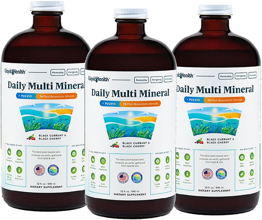 LIQUIDHEALTH 데일리 멀티 미네랄 액체 보충 Fulvic 산, 식물 기반 이온 Aquamin Sea Trace Ocean Minerals - Immune Support, Energy, Gut Health, Detox - 미국, 채식 (3 팩)